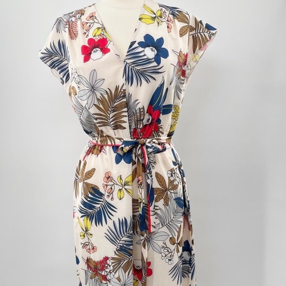 BASIC MODEL Womens Cream Floral Belted Maxi Boho Chic Dress  Size Large L - Picture 1 of 11